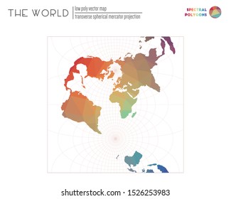 Abstract world map. Transverse spherical Mercator projection of the world. Spectral colored polygons. Elegant vector illustration.