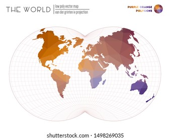 Abstract world map. Van der Grinten IV projection of the world. Purple and orange colored polygons. Contemporary vector illustration.