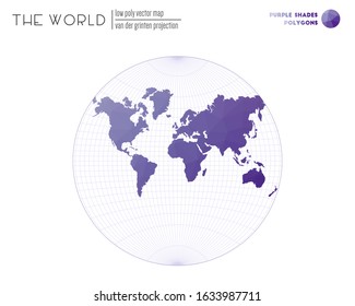 Abstract world map. Van der Grinten projection of the world. Purple shades colored polygons. Creative vector illustration.