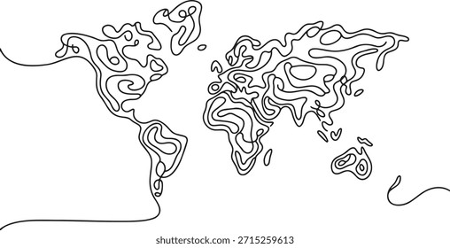 Abstract world map vector illustration single continuous line drawing style. Global earth continents outline stylized cartography artwork. Modern minimalist international travel concept graphic element. Creative scribble style geography representation background.