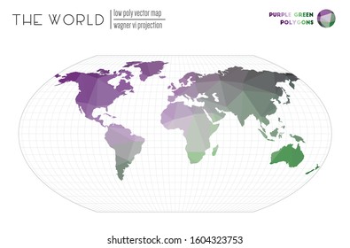 Abstract world map. Wagner VI projection of the world. Purple and Green colored polygons. Elegant vector illustration.