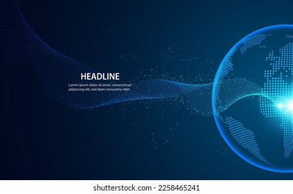 Abstract world and network connection concept, beautiful wave flowing. On a modern blue background for inserting headline text