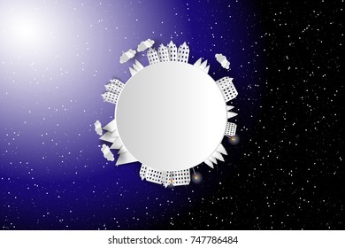 The abstract world of paper art style in the space. Clouds, buildings, trees, mountains, light