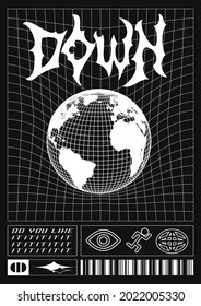 Abstract World Poster. Acid Graphic Style, Rave, Mesh, Text Design, Planet Earth Isolated On Black Background.