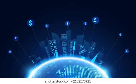 Abstract world smart city Digital Hologram DeFi Decentralized Finance Blockchain, currency and DeFi, online, internet transaction Futuristic.