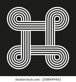 Abstract woven symbol. Geometric looped design. Symmetric interlaced shape. Black and white contrast.