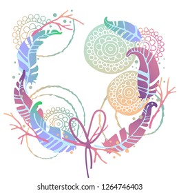 Abstract wreath of feathers, twigs and decorative flowers