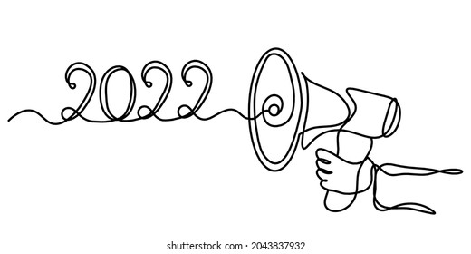 Abstract writing "2022" and megaphone as continuous lines drawing on white background. Vector