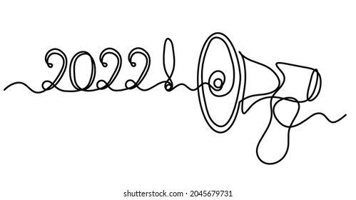 Resumen escribiendo "2022" y megáfono como líneas continuas dibujando sobre fondo blanco. Vector