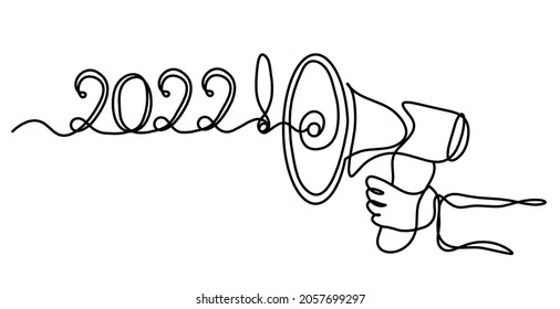 Abstract writing "2022" and megaphone as continuous lines drawing on white background. Vector