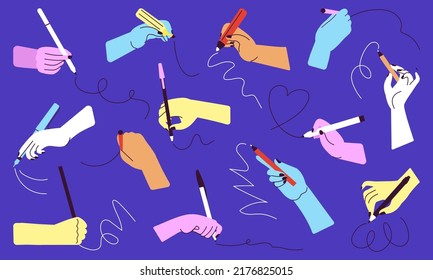 Resumen escribiendo manos con diferentes papeles. Lápiz de escritura a mano, pluma y marcadores. Brazo de dibujos animados coloridos, conjunto de vector decente con la firma de estudiantes o empresas