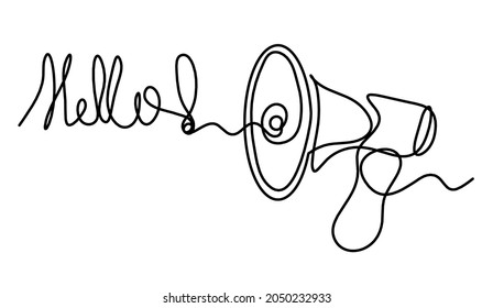 Abstract writing "hello" and megaphone as continuous lines drawing on white background. Vector