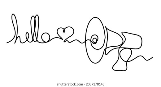 Abstract writing "hello" and megaphone as continuous lines drawing on white background. Vector