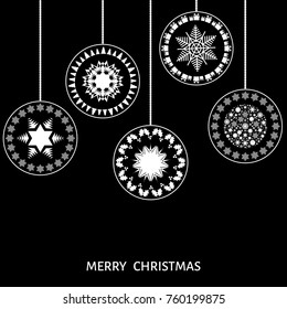Abstract  Xmas balls. Christmas white  tree decoration  on black  background. Happy New Year.  Vector template  for greeting  card or party invitation. 