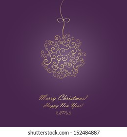 Abstract Xmas greeting card with golden Christmas ball. Vector illustration