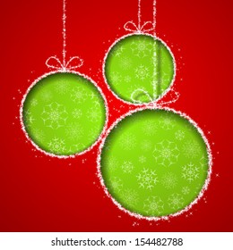 Abstract Xmas greeting card with green Christmas balls cutted from red paper background. Vector eps10 illustration