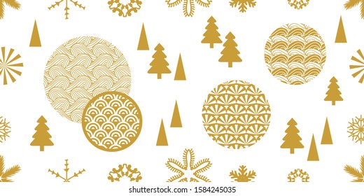 Abstract Xmas and New Year Pattern. Seamless vector background with ornate circles, snowflakes, fir trees. Template for gift wrappings, cards, flyers.