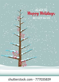 Abstract Xmas tree, snow background, happy holidays