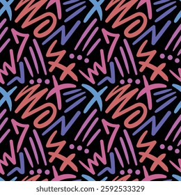 Abstract XS and doodle seamless pattern. Blue red and purple in black pattern.