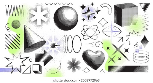 Abstract y2k aesthetic element with pixel dithering effect, retro futuristic bitmap geometric shapes. Pixelated halftone brutalism forms, stars and lines, trendy dither graphic elements vector set