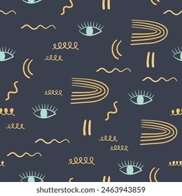 Abstract y2k background. Seamless pattern with eye and doodle textures on navy backdrop. Hand drawn vector illustration.