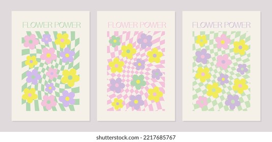 Abstract Y2K backgrounds set with groovy daisy flowers. Vector posters in trendy retro psychedelic 2000s style. Lilac, pink, yellow and green color.