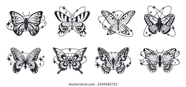 Abstract y2k butterflies. Butterfly y2k silhouettes, retro aesthetic insects with oval shapes and sparkle stars symbols flat vector illustration set. Butterflies on white