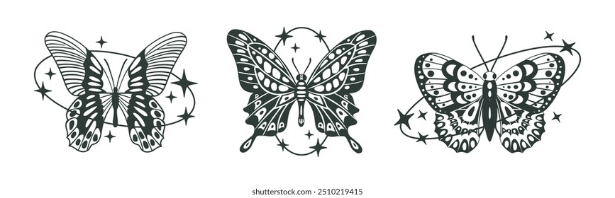 Abstractas mariposas y2k. Insectos voladores estéticos de dibujos animados y2k, siluetas de mariposas con Formas ovaladas, estrellas y destellos decoran el conjunto de Ilustraciones vectoriales planas. Mariposas de moda en blanco