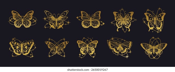 Abstract Y2K butterflies. Golden butterfly. Gradient silhouettes butterfly with line oval auras, shines, stars, sparkles. Brutalism style shiny shapes dreamy insects. Vector set.