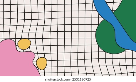 Abstrato y2k fundo infantil com grade de linha distorcida e colorido mão desenhado formas e bolhas.