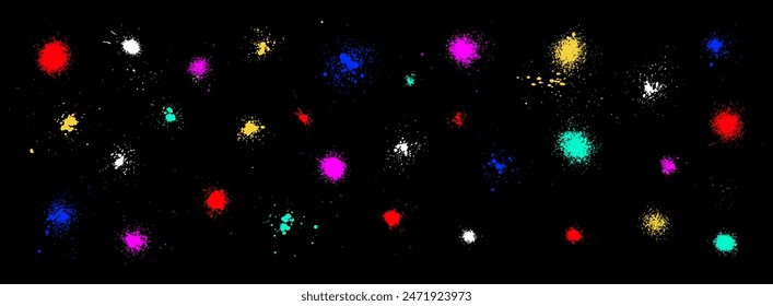 Abstract Y2K cosmos artistic banner with stars and galaxies. Vector spray paint spatter elements. Cool graffiti splashes on black. Grainy gradient handmade gradients. Colorful cosmic stardust texture