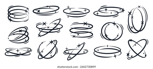 Abstract y2k ellipse frames. Brutalist oval shapes with stars and sparkles, old school Y2K frames flat vector illustration set. Brutalism aesthetic elements