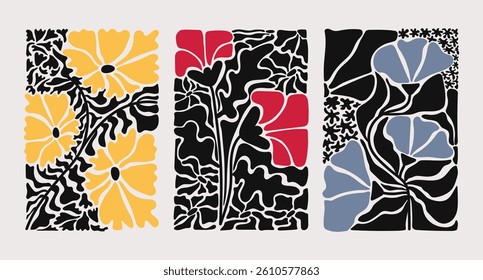 Abstract Y2K floral poster in black and white. Black and white naive funky prints for wall art. Suitable for wallpaper, wall decor, postcard, cover, template, banner.