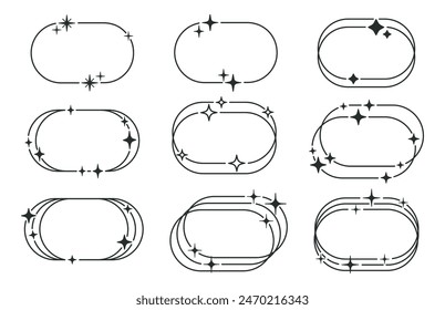 Abstract y2k frames. Minimalist oval shapes with stars and sparkles, modern y2k aesthetic frames flat vector illustration set. Trendy outline frames