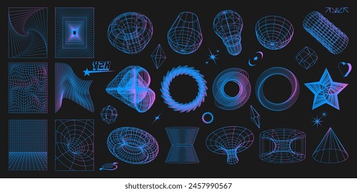 Abstract y2k geometric colorful neon shapes and 3d wireframe models on black background. Set of rave psychedelic retro futuristic elements from 90s, 00s. Vector illustration in cyberpunk techno style.