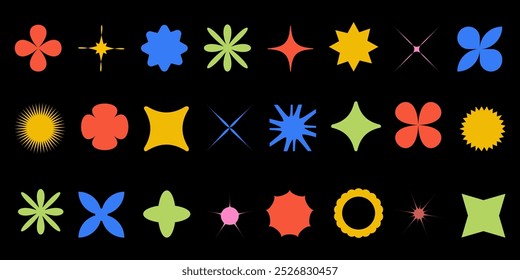 Abstract Y2K geometric shapes. Set of bright futuristic elements on black background. Flat vector.