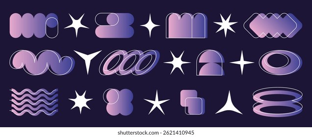 Abstract y2k gradient shapes set isolated on black. Vector illustration of holographic wave, circle, square, rhombus shape geometric icons in purple and blue color, retro futuristic design elements