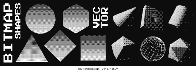 Abstract Y2K Graphic Design 3D Forms Elements. Trendy Shapes Sphere, Torus, Cube with Bitmap Raster Dithering Effect. Y2K Geometric Shapes. Brutalist Design. Vector Dither Gradient Effect.