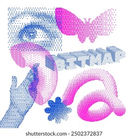 Conjunto Abstractas de Elementos de formularios 3D de Diseño gráfico Y2K. Formas de moda, ojo y mano con Bitmap Dithering Effect. Formas geométricas de los años 80. Diseño Brutalista. Efecto de degradado de tramado de Vector.