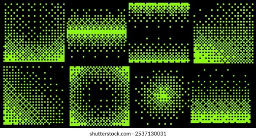 Conjunto de Elementos de Diseño gráfico Abstractas Y2K Green Pixel Gradation Dithering Halftone Fade Gradation Effect. Efecto de transición de tramado de trama de mapa de bits. Diseño Brutalista. Ilustración vectorial.