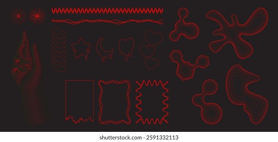 Abstract y2k grid shapes set isolated on black background. Vector illustration of neon red retro wave wireframe star, moon, heart, spiral, human hand signs, retro poster geometric design elements