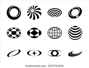 abstract y2k icon set with a modern style: circles, spirals, and optical shapes. Perfect for graphic design, branding, and creative projects with a futuristic, minimalist look.

