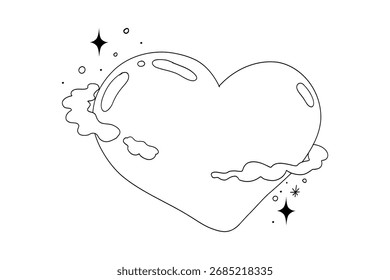 Abstract y2k line heart with clouds stars, tattoo aesthetic doodle or sketch. Sparkle swirl silhouette line light, move, trail. Retro space orbit geometric 