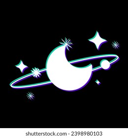 Abstract Y2K Lo fi Style Moon with Orbit Ring Illustration with Holographic Color Leak