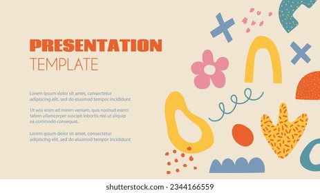 Abstract Y2K naive presentation template with hand drawn organic doodle shapes and text. Vector banner in 70s groovy retro style