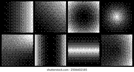 Abstract Y2K Pixel Gradation Dithering Halftone Fade Gradation Effect Graphic Design Elements Set. Bitmap Raster Dithering Transition Effect. Bold Brutalist Design. Vector Illustration.