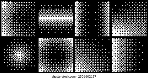 Abstract Y2K Pixel Gradation Dithering Halftone Fade Gradation Effect Graphic Design Elements Set. Bitmap Raster Dithering Transition Effect. Bold Brutalist Design. Vector Illustration.