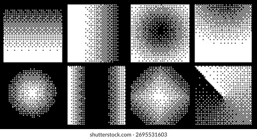 Abstrakte Y2K Pixel Gradation Dithering Halbton Fade Gradation Effekt Grafikdesign Elemente Set. Bitmap-Raster-Dithering-Übergangseffekt. Vektorgrafik mit kräftigem, brutalistischem Design.