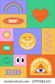 Abstract y2k poster with stickers and badges. Background with geometric shapes, smiling faces, flower, heart, patches. Groovy and psychedelic collage. Fun graphic design. Vector illustration