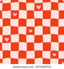 Abstract Y2K seamless pattern. Psychedelic wavy checkered board background with hearts. Minimalistic retro style print. Vector illustration.
